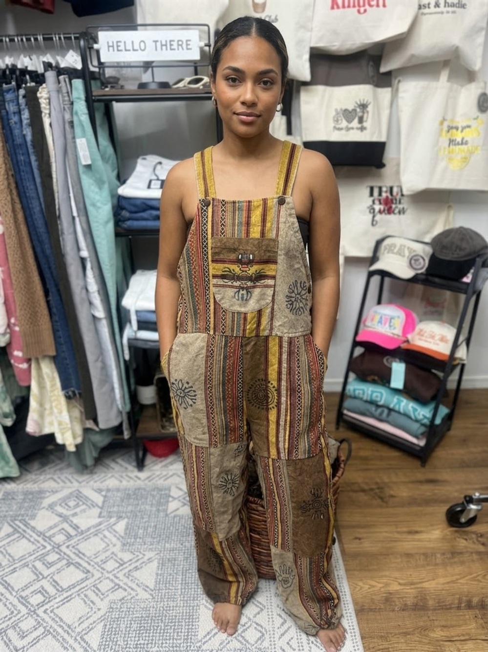 Rising International Multi-Stripe Patchwork Overalls in Earth Tones